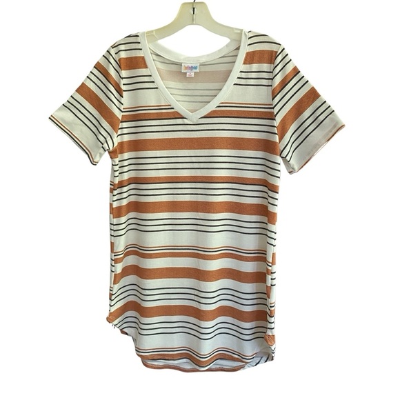 LulaRoe IRIS V-Neck Cream Orange Striped Tee Hi-Low Hem Size SMALL - Picture 1 of 5